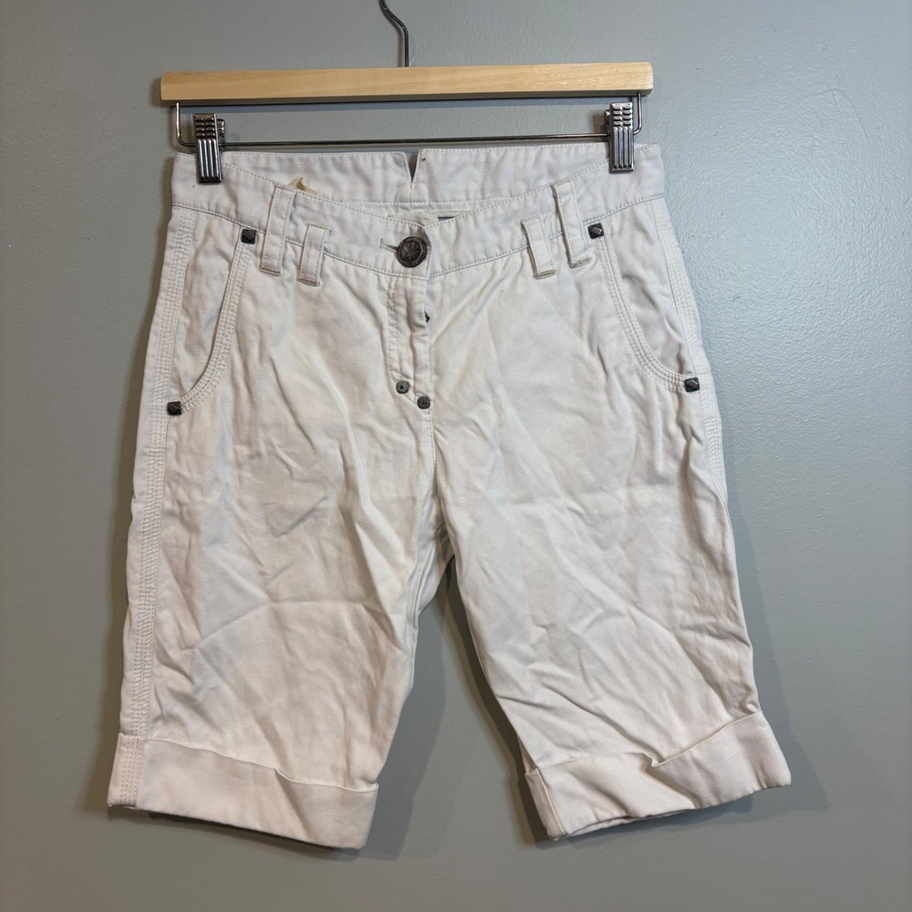 Pinko White Cotton Linen Bermuda y2k Shorts Cuffed Knee Length Flap pockets
